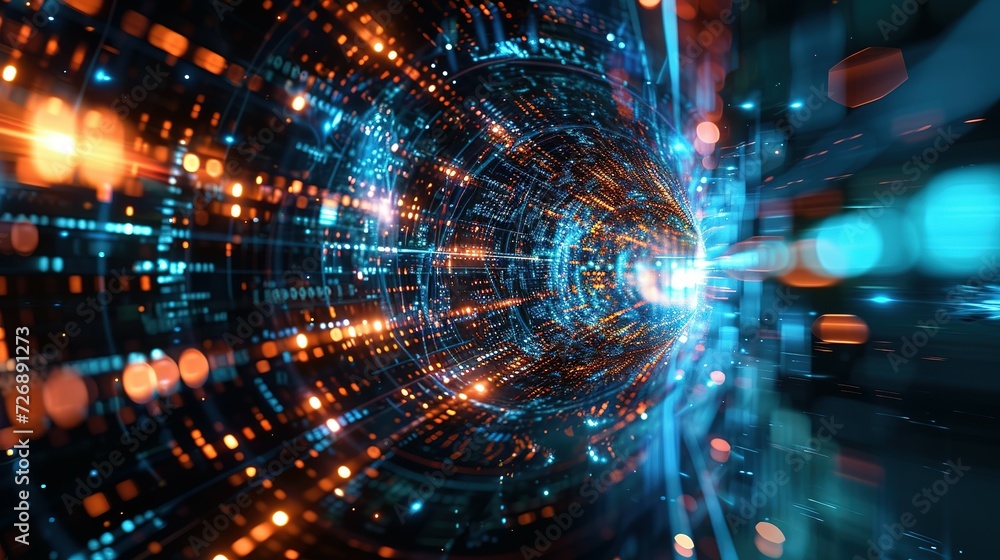 Fototapeta premium An abstract representation of digital transformation, where virtual data flows and AI elements converge to create a transformative user experience The image captures the essence of digital evol