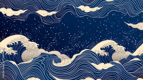 Traditional Japanese Wave Art with Starry Background