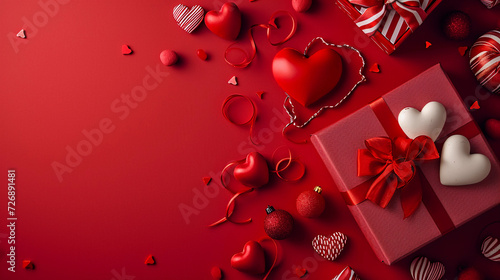 Valentine's Day Gift. An open red box lies on a red background, on a box lies an untied satin ribbon. Around the box are small hearts, the background is a horizontal view. 3d rendering concept