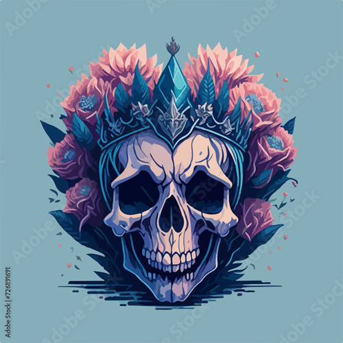 An honorable design featuring a regal skull of a king with a blue royal crown adorned with delicate flowers - perfect to showcase respect and honor on a t-shirt. photo