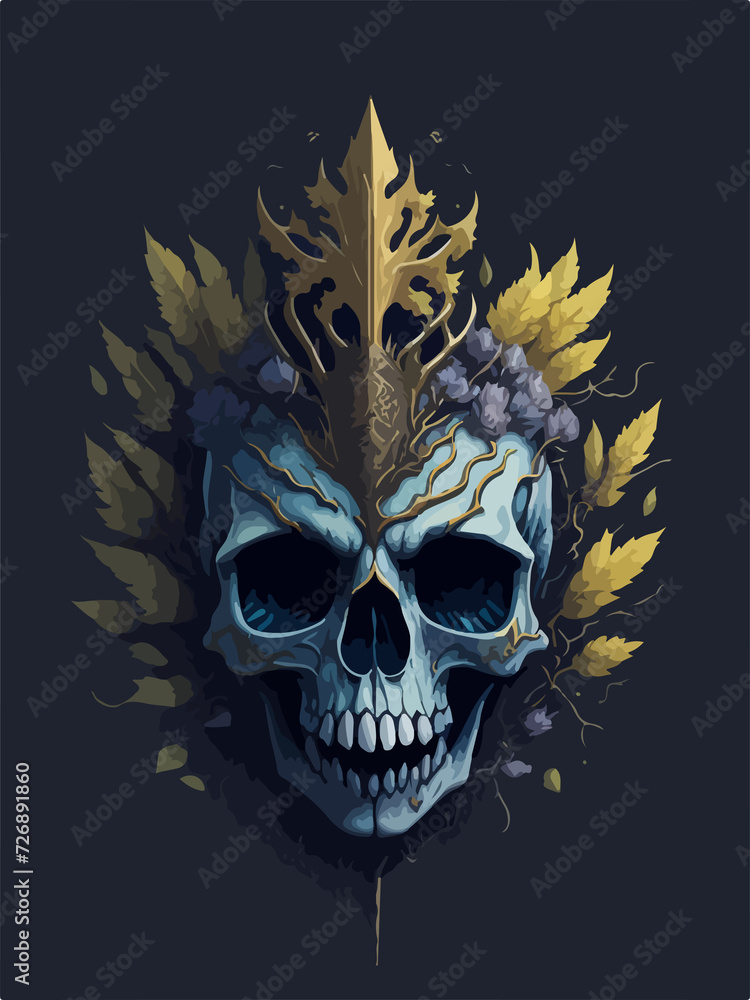 Obraz premium Experience the dark allure of the underworld with this t-shirt design, showcasing an ancient skull adorned with a crown of power, standing amongst the haunting trees of the shadowy woods.