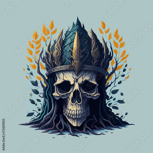 An ancient skull of a demon king, crowned with dark power and entombed within the roots of a tree. This t-shirt design embodies the darkness within us all. photo