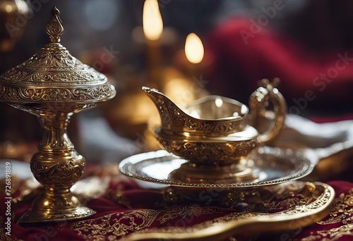 Eid Aladdin's Ramadan Closeup silver lamp background concept photo