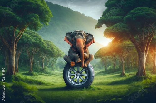 a elephant sitting on a car wheel photo