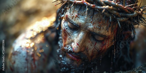 Profound sorrow on Jesus' face, crown of thorns. A close-up depicts a man portraying Jesus Christ, his face marked by profound sorrow, crowned with thorns, and wet with water and blood © Vitalii But