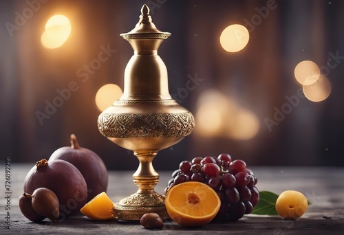 lamp Eid Alaadin's dallah Ramadan background Silver fruits date photo