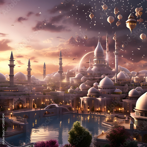 Ai Generative surreal city wallpaper, with the festive atmosphere of Ramadan.