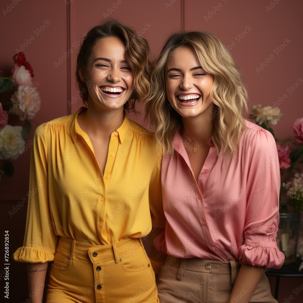 Funny women best friends laughing cheerfully while standing together in a studio Funny women best friends laughing cheerfully while standing together in a studio