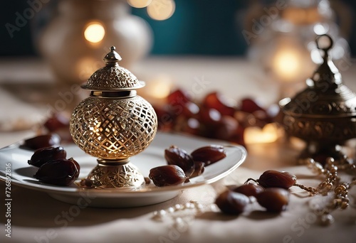 Selective rosary month dates Ramadan concept lantern spacy Holy focus Plate decorative copy arabic background light photo
