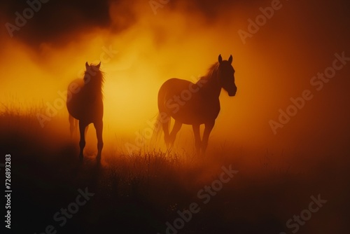 horses in fog  in the style of backlight