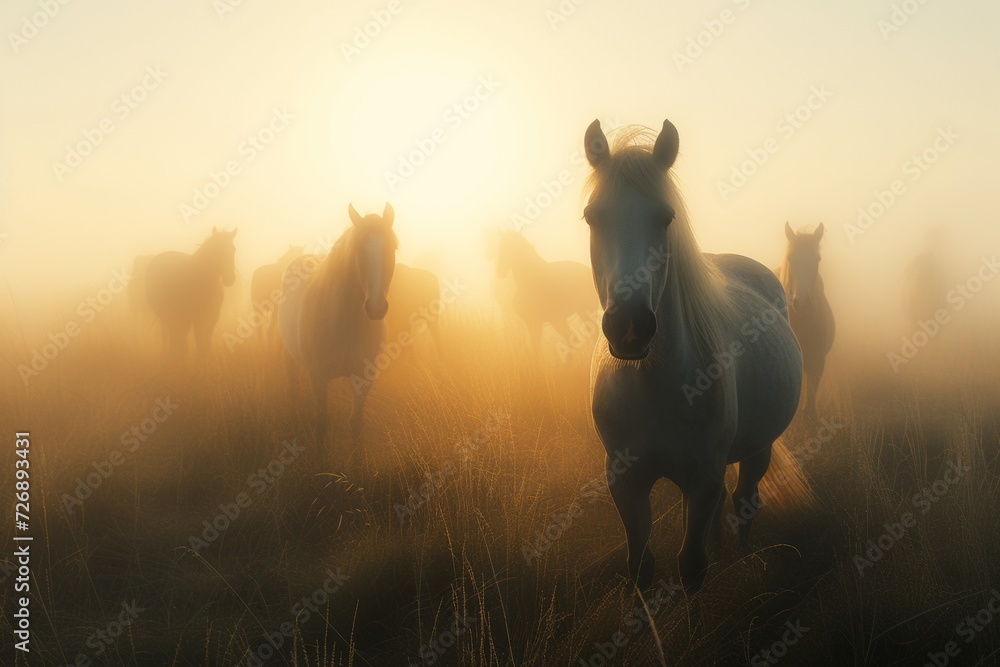 horses in fog, in the style of backlight horses in fog, in the style of backlight
