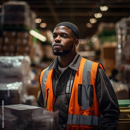 Black Man With Hat And Safety Business Standing Inside A Warehouse photo