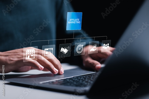 Affiliate marketing. Person use laptop with virtual screen of affiliate marketing icons for new business concept. Marketing strategies to advertise products and services.