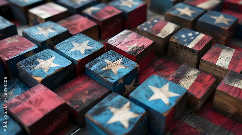 a background of wooden blocks adorned with the American flag, symbolizing patriotism and unity in a visually striking composition - obrazy, fototapety, plakaty 