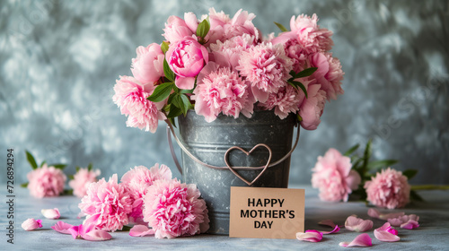 Rustic Charm for Mother's Day. A rustic bucket of pink peonies and a heartfelt Mother's Day note, offering a charming celebration.
