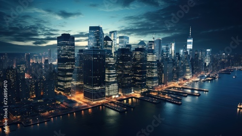 Aerial view of the skyline and riverside financial district at night.
