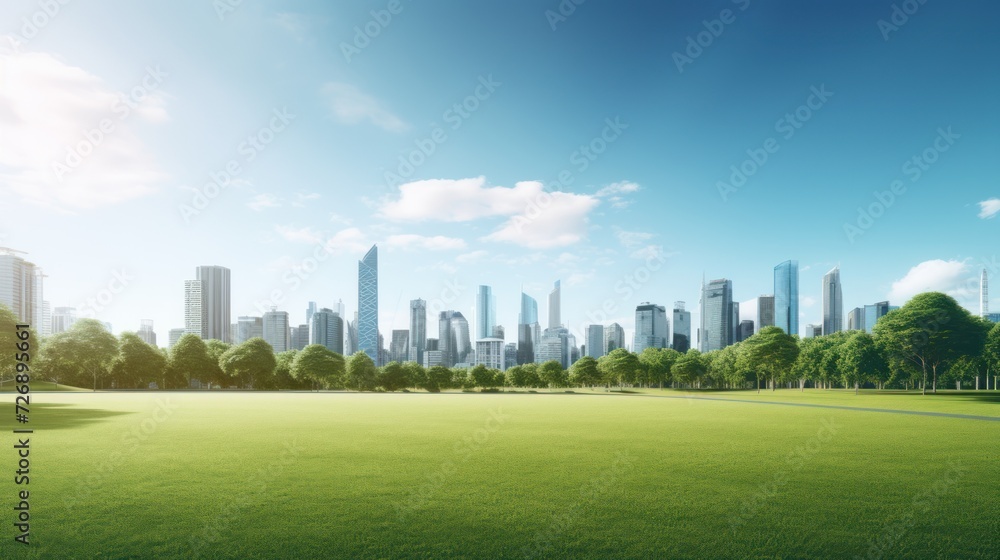 Fototapeta premium Modern city skyline with green lawn