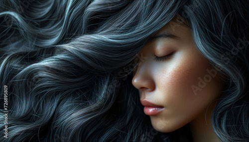 Portrait of a woman with long beautiful dark ashy hair photo