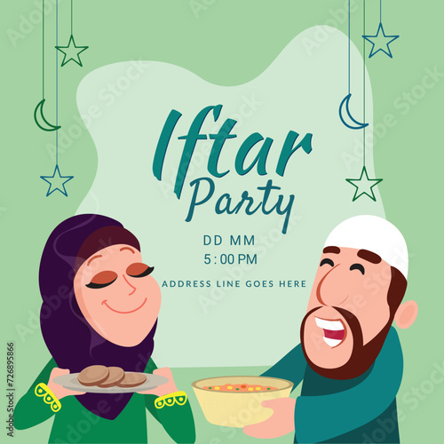 Iftar Party Invitation Card Design with Cartoon Character of Muslim Couple Enjoying Delicious Food and Event Details. photo