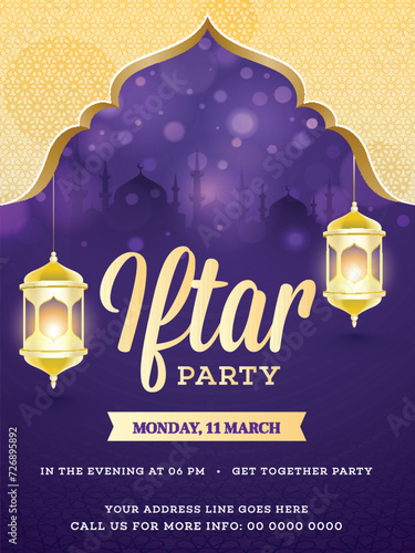 Iftar Party Flyer or Invitation Card with Illuminated Lamps Hang in Golden and Purple Color.