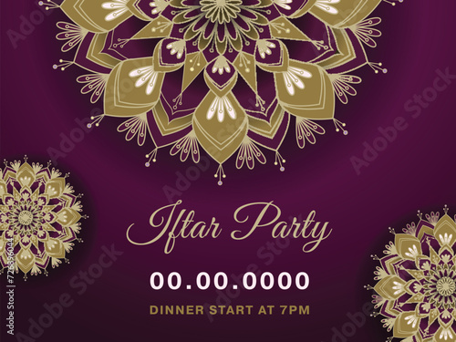 Iftar Party Invitation or Poster Design Decorated with Mandala Pattern in Dark Pink Color.