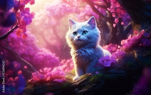Abstract Nature Fantasy  High Detail Japan Kitty with Flowers in Magical Enchanted Forest