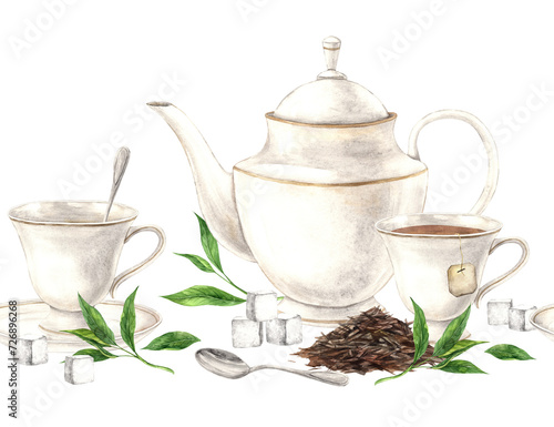 Watercolor seamless composition of teapot with loose tea and green leaves, mugs and spoons The illustration is hand drawn on an isolated background Drawing for menu design, packaging textiles websites