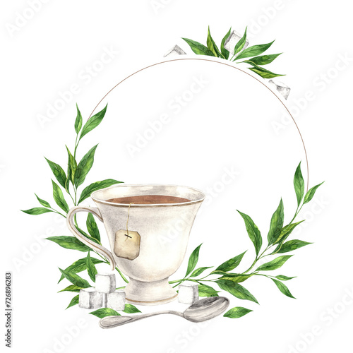 Round wreath made from a vintage cup with tea leaves, saucer and spoon The illustration is hand drawn on an isolated background Drawing for menu design, packaging poster, website, textile invitations