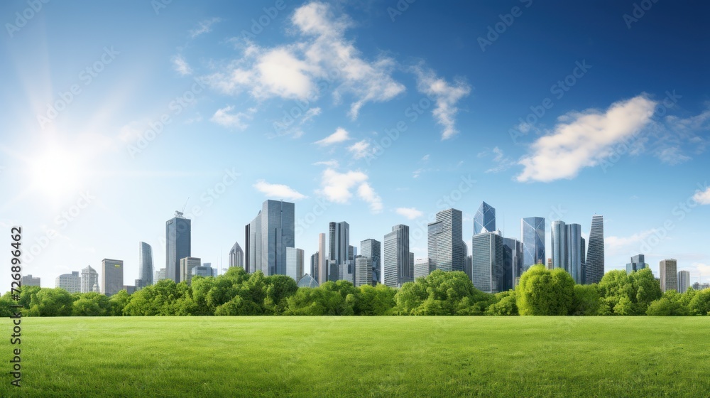 Modern city skyline with green lawn
