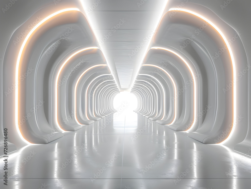 Obraz premium A futuristic tunnel with white walls and glowing orange stripes. The floor is shiny and white. The end of the tunnel has a bright light.