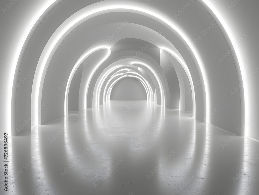 Naklejka premium A futuristic tunnel with white walls and glowing orange stripes. The floor is shiny and white. The end of the tunnel has a bright light.
