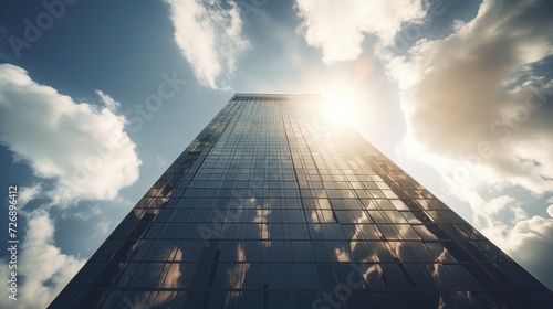 Low angle view of a skyscraper during the day, light reflecting off the sky and clouds. Light and shadow of economic growth #726896412