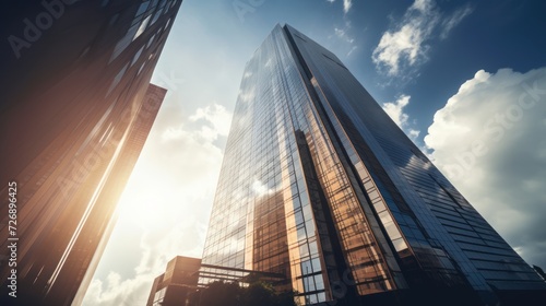 Low angle view of a skyscraper during the day, light reflecting off the sky and clouds. Light and shadow of economic growth