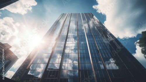 Low angle view of a skyscraper during the day, light reflecting off the sky and clouds. Light and shadow of economic growth