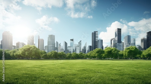 Modern city skyline with green lawn © venusvi