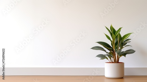 Houseplant. A plant in a pot on the floor near a white wall in the house. Leave space for text.