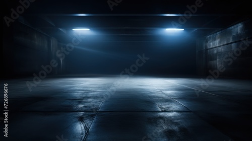 Dark road, abstract dark blue background, empty dark scene with spotlights turned on. Grunt concrete floor Grunt surface to display products © venusvi