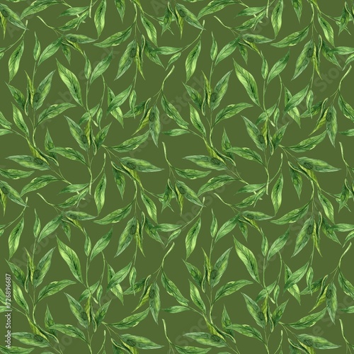 Watercolor pattern of fresh tea leaves on a green background. Hand drawn illustration on isolated background  suitable for menu design  packaging  poster  website  textile  invitation  ceramics