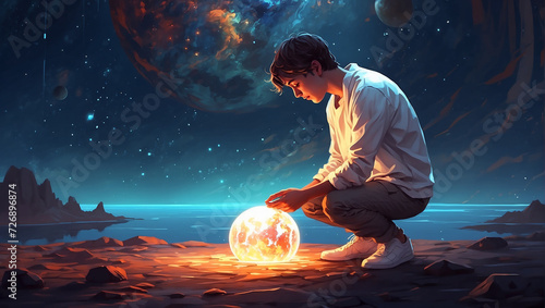 Young man looking down at the glowing little planet on the ground, digital art style