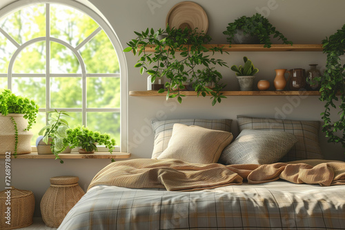 Light modern minimalist bedroom interrior with nature.Green power concept. photo