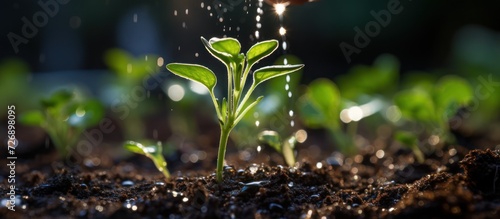 close up of a hand dripping liquid using a dropper onto a young plant growing in the ground photo