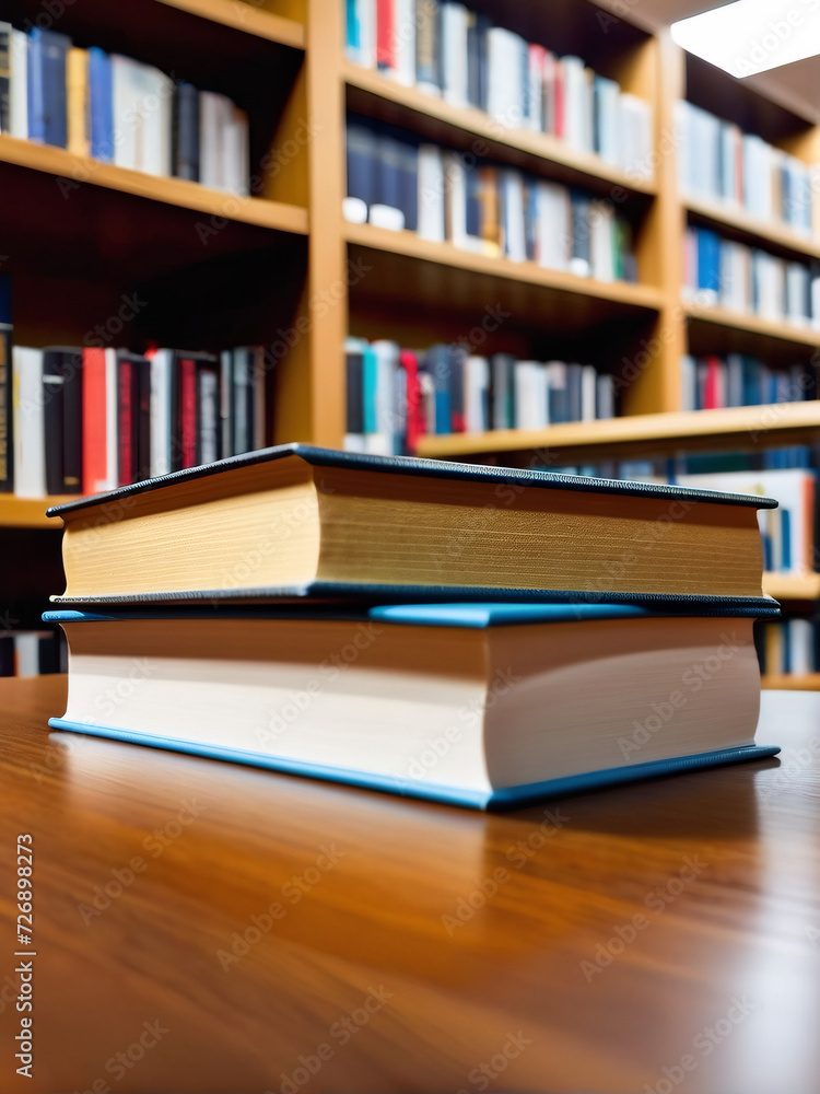 A stack of books rests neatly on the desk in the library. A stack of books rests neatly on the desk in the library.