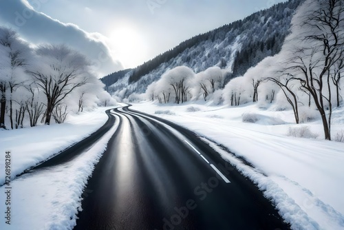 Black asphalt road winding through winter snow white landscape