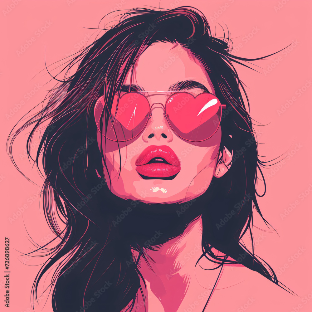 Stylish girl with heart-shaped sunglasses, evokes Valentine's Day and romantic themes, perfect for fashion and love-related designs.