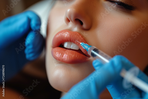 syringe botox injection aestethic skin care, woman injection botokx in lips