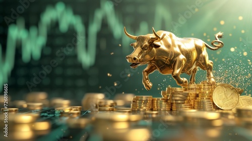 Happy Bull jumping on gold coins with green trading graph background, Bullish divergence in stock market and cryptocurrency trading concept
