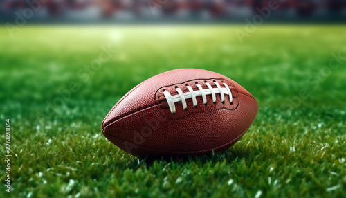 American football ball on green artificial stadium