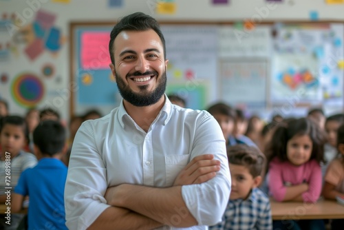 Confident Arab Male Elementary School Teacher: Professional Photo (Horizontal 3:2) with Ample Copy Space photo