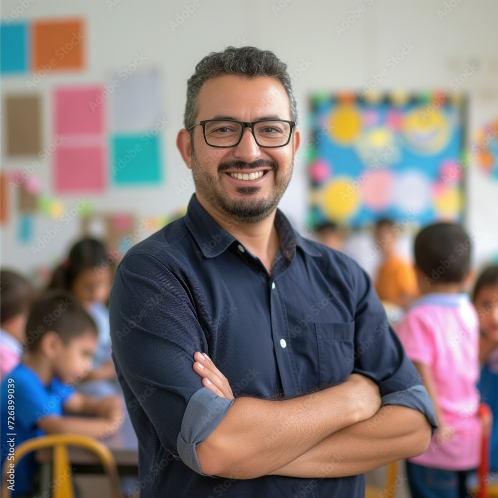 Fototapeta premium Smiling Arab Male Elementary School Teacher: Professional Square Photo in Classroom Setting