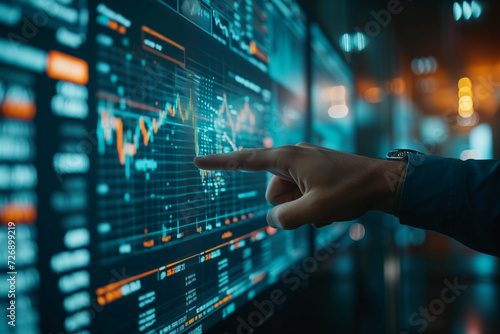 businessman hand pointing to stock market graph